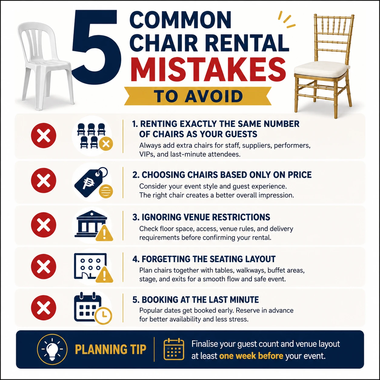 5 Common Chair Rental Mistakes to Avoid Infographic highlighting five common chair rental mistakes to avoid when planning weddings, birthday parties, corporate events, school functions, and community events in Metro Manila.