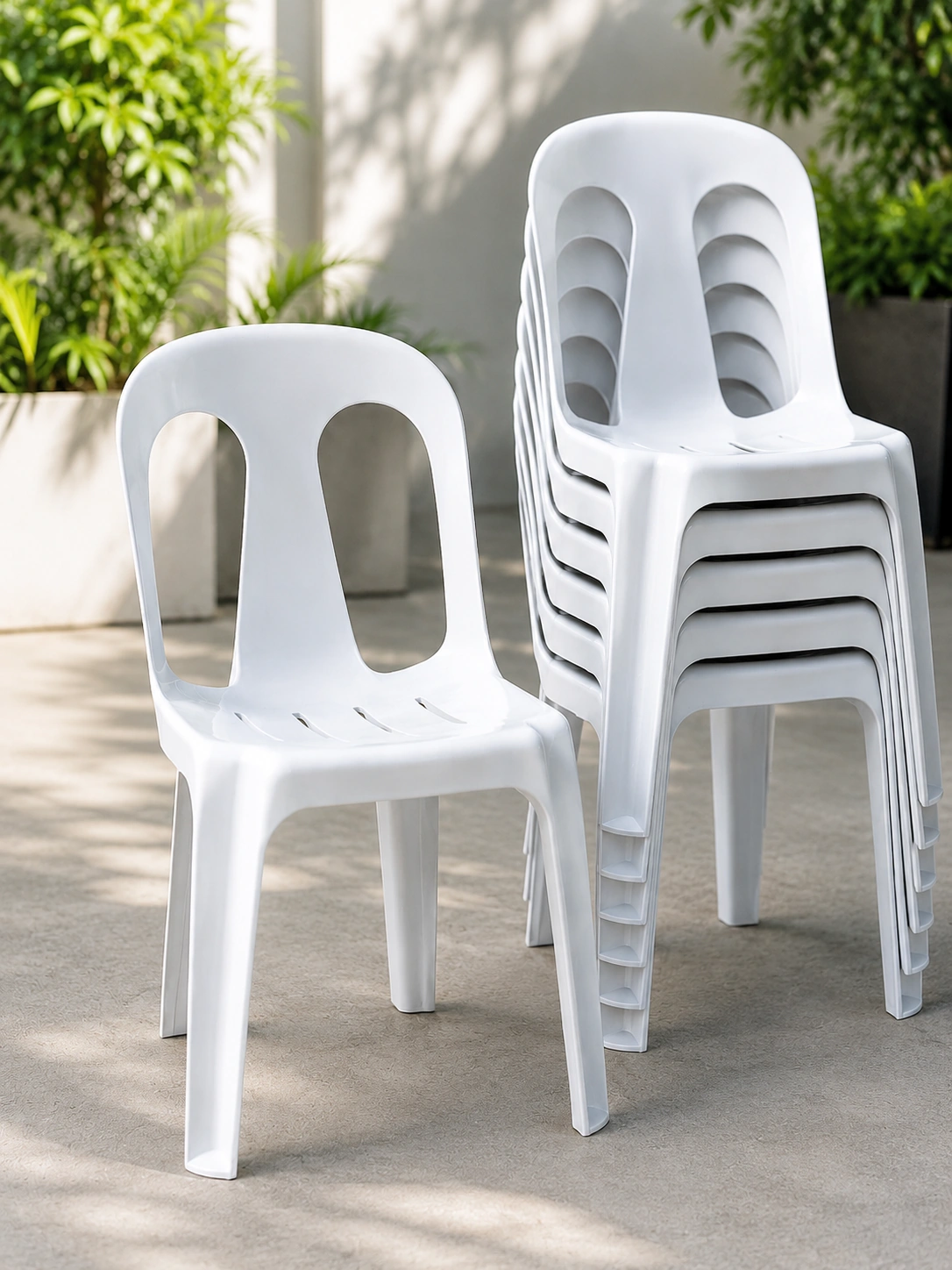 White monobloc chair beside a stack of white plastic monobloc chairs for rent, ideal for parties, weddings, and events in the Philippines. White monobloc chair beside a stack of white plastic monobloc chairs for rent, ideal for parties, weddings, and events in the Philippines.