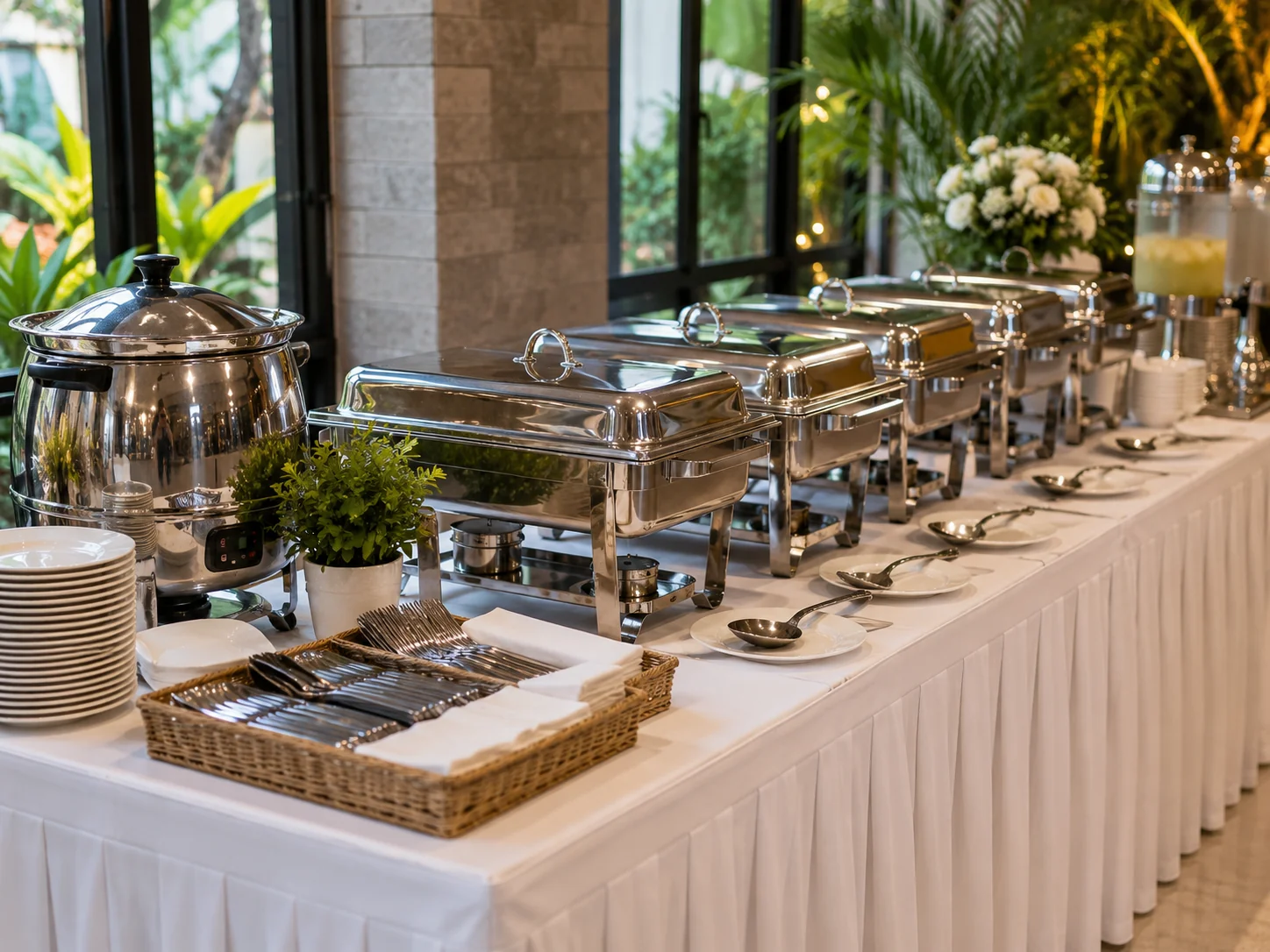 Buffet setup with chafing dishes plates and serving equipment