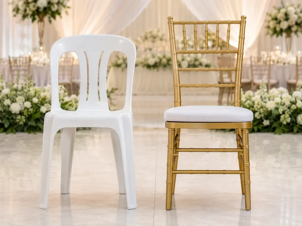 White monobloc chair and gold Tiffany chair comparison for event rentals