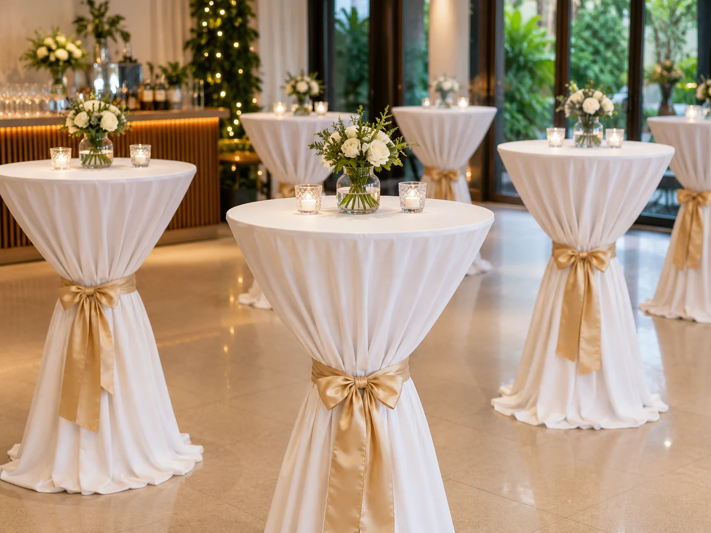 Cocktail tables with white linens and gold ribbons