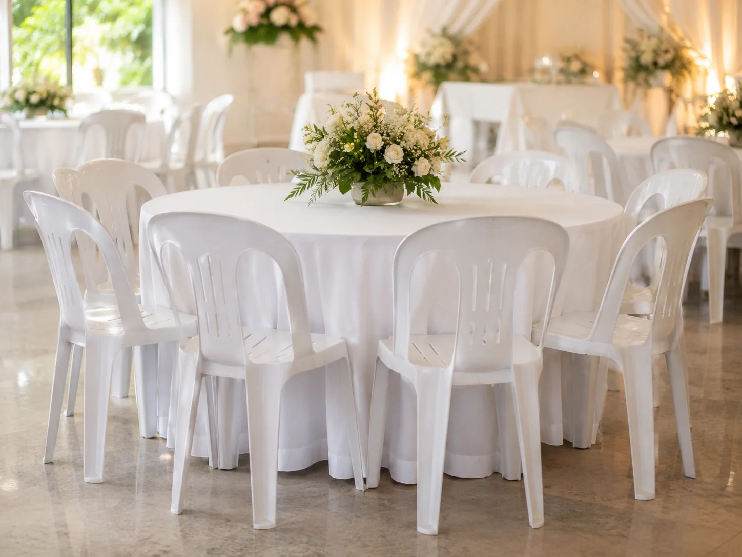 White monobloc chairs arranged around a round event table