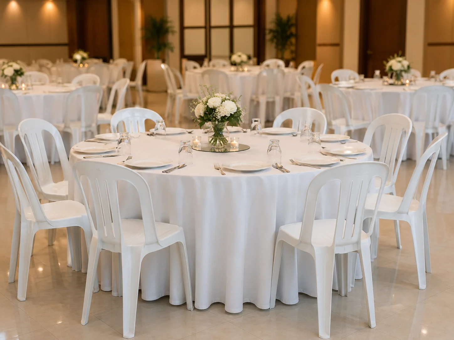 White monobloc chairs arranged around round event tables