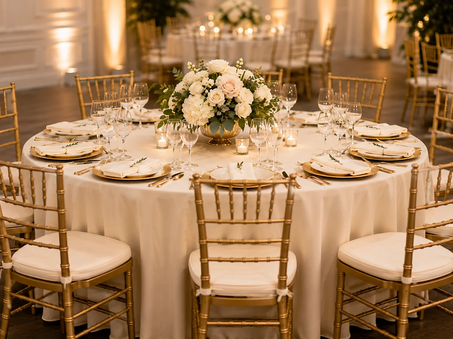 Round event dining table with gold Tiffany chairs