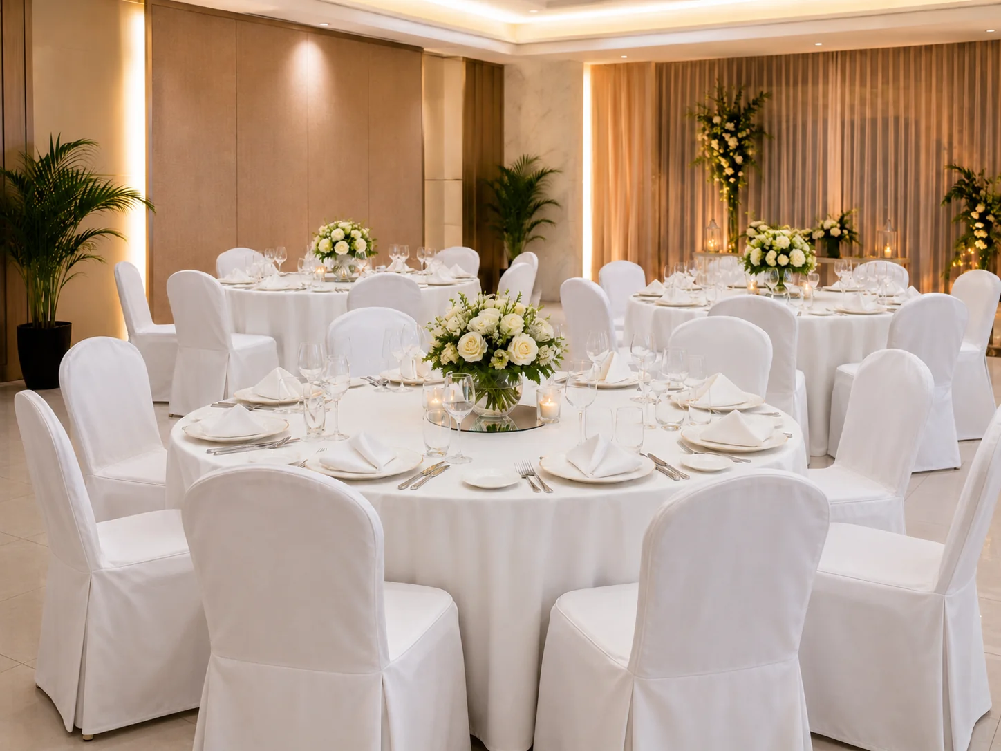 Round tables and white covered chairs arranged for a formal event