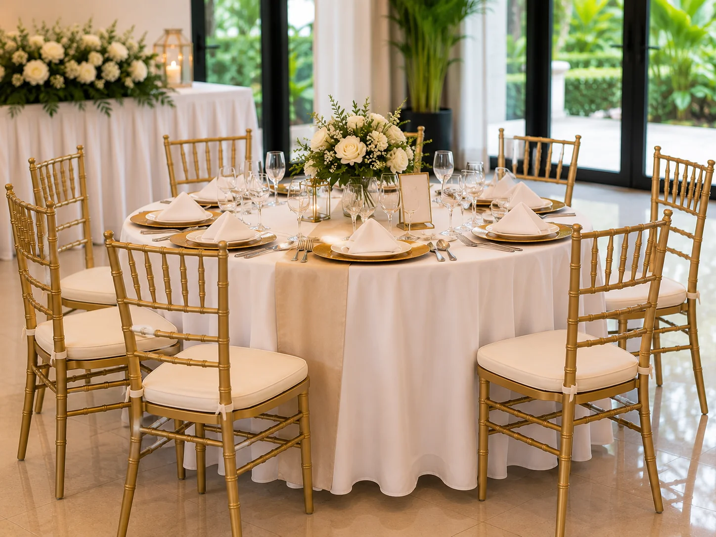 Gold Tiffany chairs arranged around a formal event table